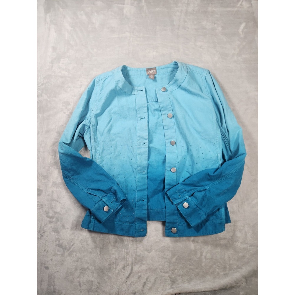 Chico's size 2 Ombre Blue Beaded Jacket  100% Cotton EUC‎